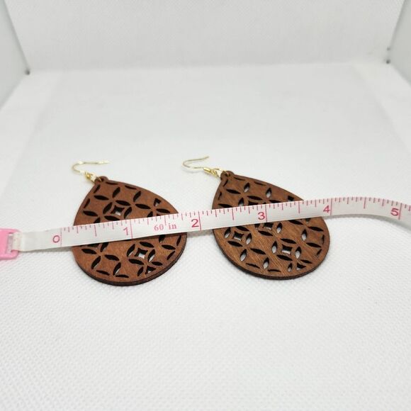 Boho Tribal Teardrop Dangle Chandelier Earrings Wood Cutout Sterling Silver Hook - Picture 5 of 7